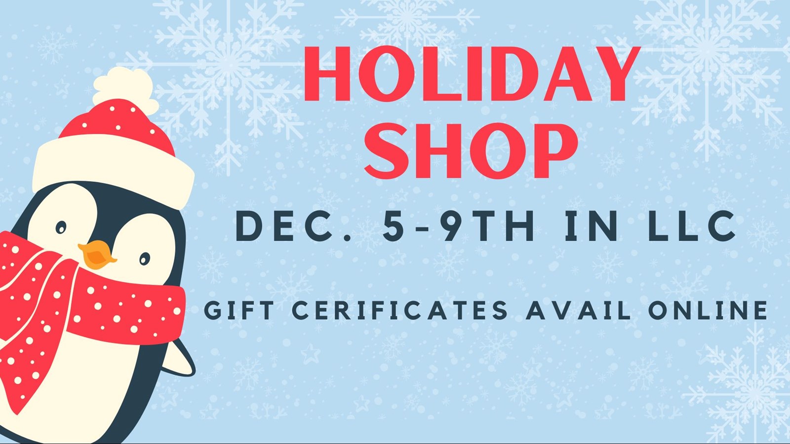 Penguin wearing red scarf and hat snowflake background